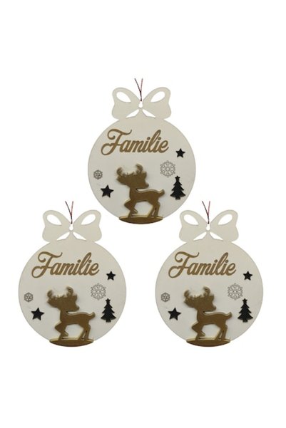 T&M Personalizare Set 3 globuri - Familie - cerbi rotunzi, gravați, albi, Ø 8...