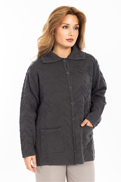 Mutlu City New Season Women's Knitwear Knitted Tight Weaving Buttoned Shirt Collar Mother Winter Cardigan 30220-Smoked