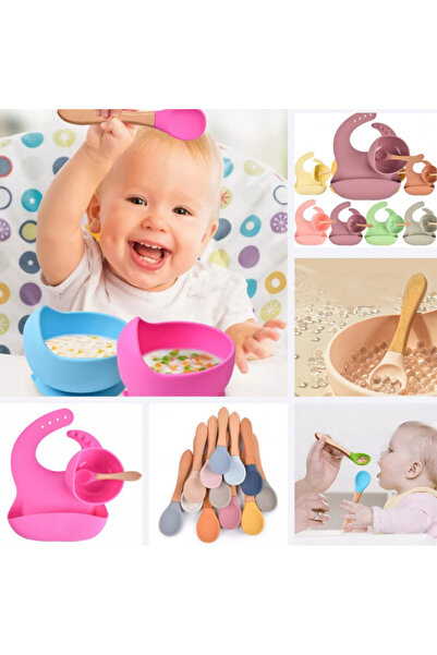 Superbaby Set din silicon cu bol bavetica si lingurita pentru bebe - Diverse culori