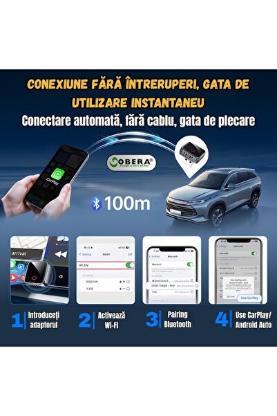 goBERA Adaptor Mini Wireless goBERA® CarPlay și Android Auto, Plug & Play, Bluetooth 5.3, Wi-Fi 5G, compact