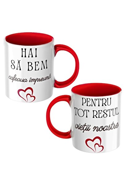 T&M Personalizare Set de 2 căni ceramice, roșii, 330 ml