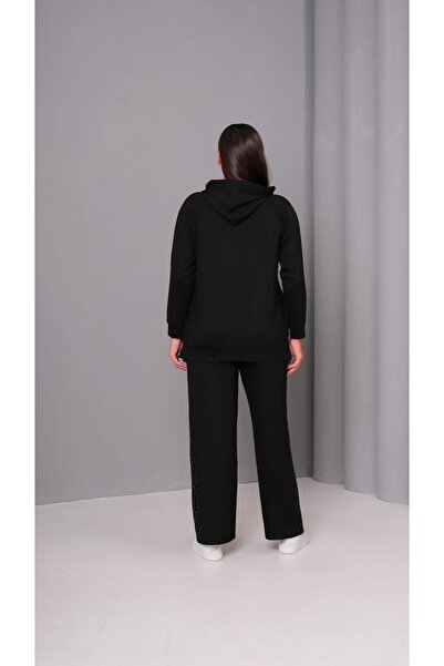 Ebsumu Women's Plus Size Sho Fabric Stone Detail Hooded Tracksuit Set