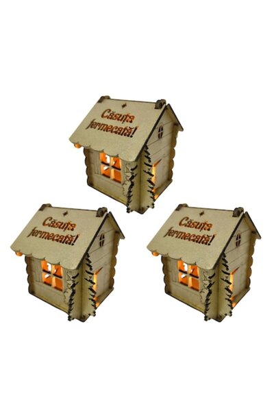 T&M Personalizare Set of 3 wooden enchanted houses, gold, 9x9x9 cm