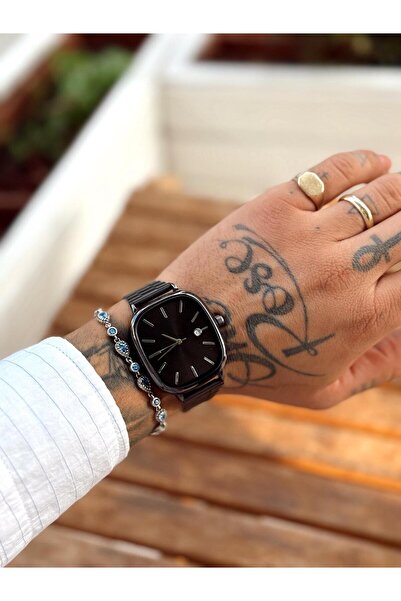 Fjellor Black Metal Cord Square Rounded Case, Black Dial, White Index, Men's Wristwatch with Calendar