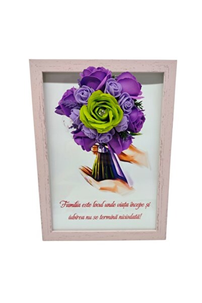T&M Personalizare Tablou înrămat A4 (30x21 cm) - „Familia este locul unde viața începe și dragostea nu se termină niciodată” - floare de săpun mov