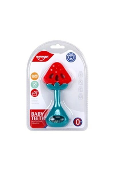 huanger Baby teether and rattle, strawberry-shaped, silicone and plastic, 13 x 6 cm, red-green