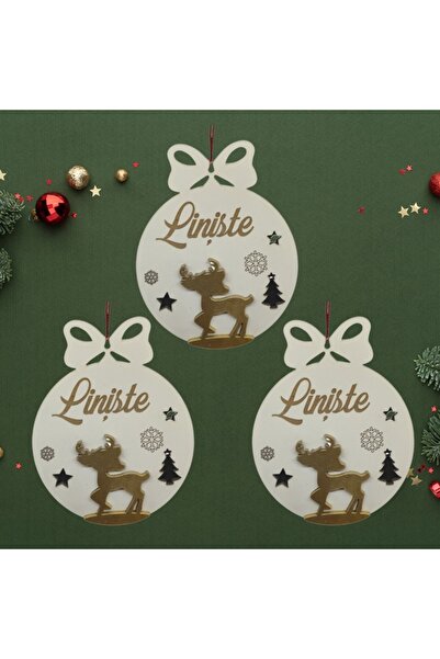 T&M Personalizare Set de 3 globuri - "Liniste" (Tăcere) - cerb rotund, gravat, alb, diametru 8 cm, lemn