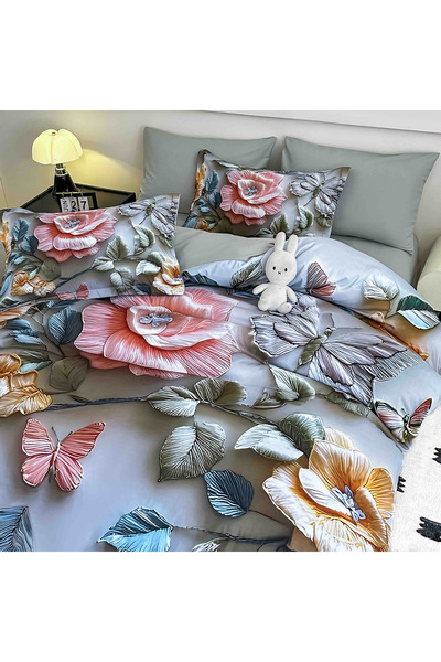 JOJO HOME 5D bedding set, 6 pieces, with elastic, Digital print, with elastic, 180x200cm, Grey Flowers