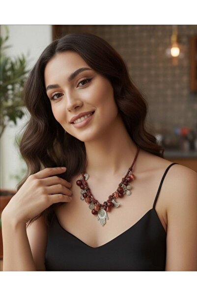 AFİTAP ŞEKERİM Bohemian Style Red Beaded Charm Detailed Necklace