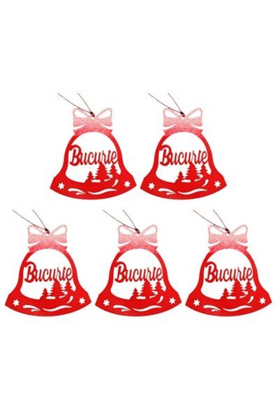 T&M Personalizare Set de 5 globuri de Crăciun - clopoțel „Bucurie”, roșu, 8 c...