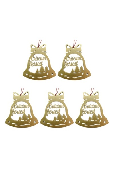 T&M Personalizare Set 5 globuri - Craciun fericit - clopotel, aurii, diametru...