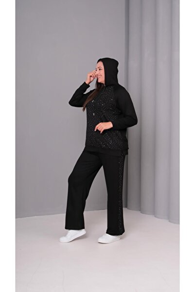 Ebsumu Women's Plus Size Sho Fabric Stone Detail Hooded Tracksuit Set