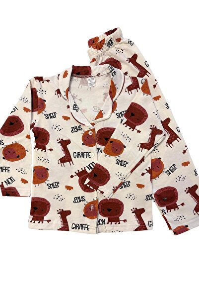 mışıl mışıl kids طقم بيجامة للأولاد من القطن الأبيض بتصميم الزرافة والأسد والخروف مع ياقة وأزرار طويلة