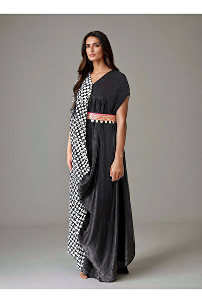 ECSTACY COUTURE Checkered Side Belt Drape Dress