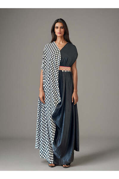 ECSTACY COUTURE Checkered Side Belt Drape Dress