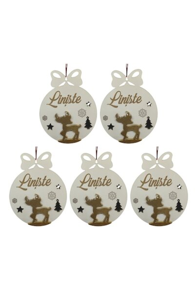 T&M Personalizare Set de 5 globuri - Liniste - cerb rotund, gravat, alb, Ø 8c...