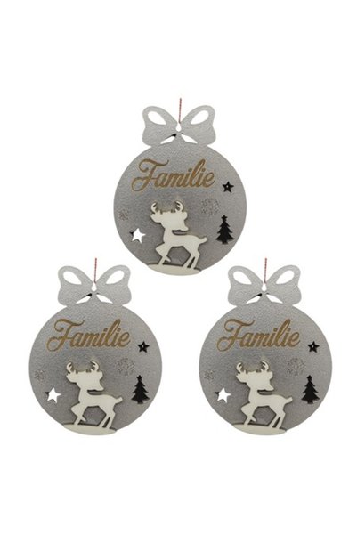 T&M Personalizare Set de 3 globuri din lemn - rotunde „Familie” cu cerb grava...