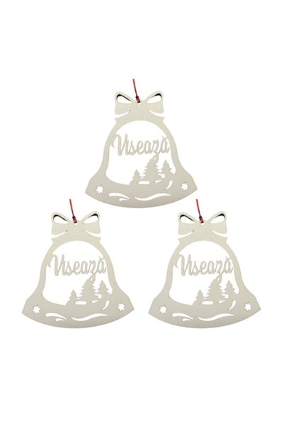 T&M Personalizare Set de 3 globuri - "Vis" - clopoțel, alb, diametru 8 cm, lemn