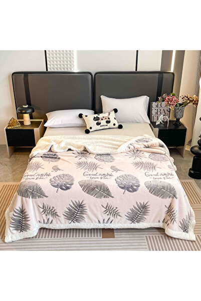 JOJO HOME Cocolino blanket with Printed fur, 200x230cm, Leaves, Cream