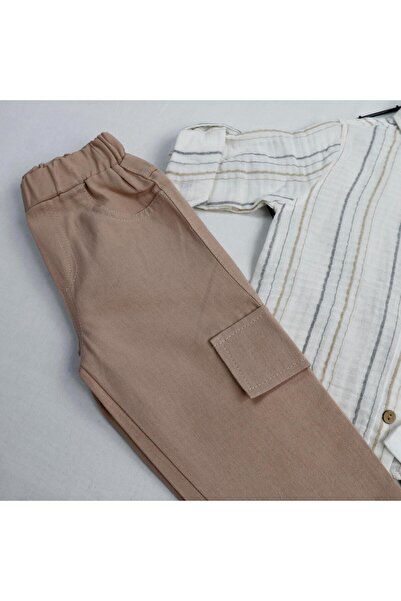 bebegci 3-Piece Boys' Set with Stripe Detailed Muslin Shirt and T-Shirt