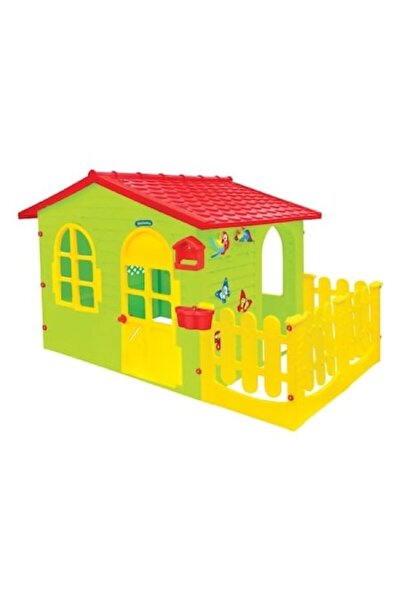 Mochtoys Yellow-red outdoor playhouse with fence and drawing board, 190x127x118 cm