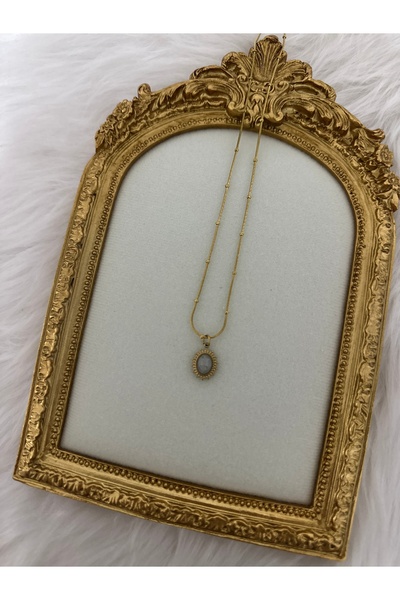 stainles steel Vintage Gri Taşlı Çelik Ayna Model Kolye
