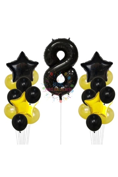 İSTOÇ PARTİ Yellow Gold Foil Balloon Number Birthday Set Age 8