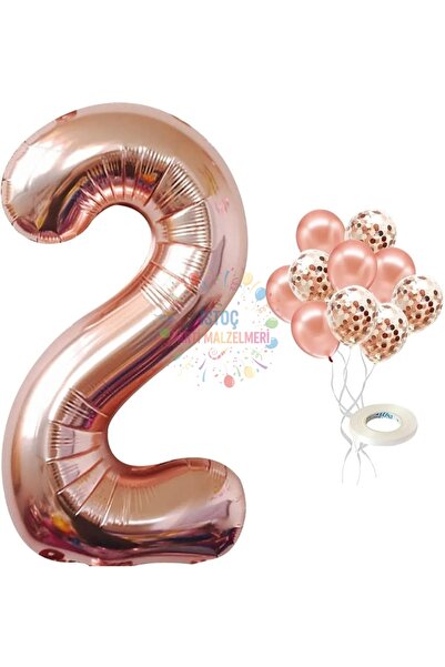 İSTOÇ PARTİ 2 Year Old Rose Gold Number Balloon Confetti Balloon Set