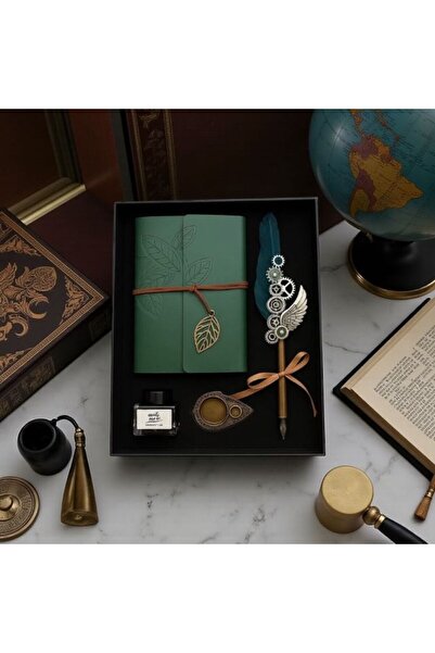 keyfim shop İsme Özel Yeşil Renk Divit Hokka Defter Ve Tüylü Kalem Seti