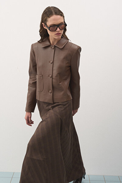 Jolamier Kısa Deri Ceket Kahve