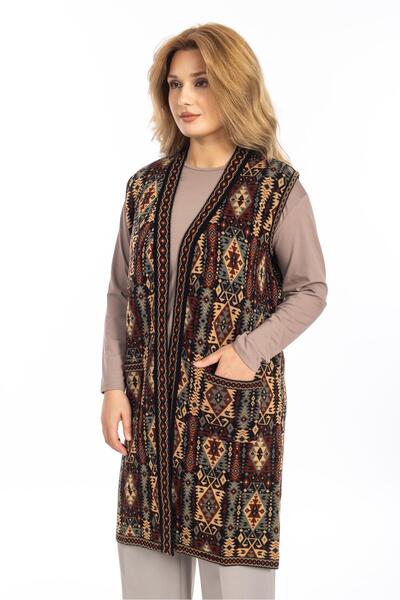 Mutlu City Γυναικείο Κλασικό Πλεκτό Εθνοτικό Σχέδιο Πλεκτό Κιλίμ Μητρικό Γιλέκο 1052 Μακρύ