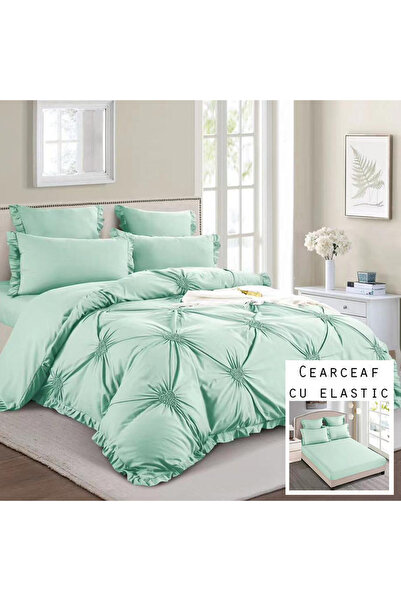 Patul Lenjerie de pat LUX - Inimi Brodate, Bumbac Finet, Pat dublu, 6 Piese, Cearceaf cu elastic