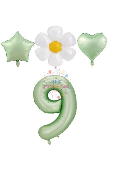 İSTOÇ PARTİ Water Green Color Number Star Heart and Daisy Foil Balloon Set Age 9