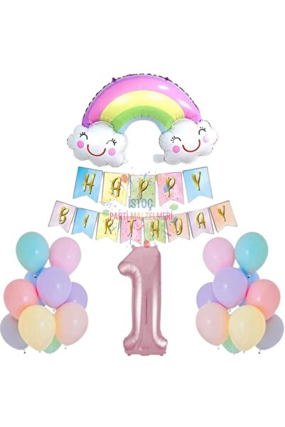 Generic Brand Smiling Rainbow Pink Number Foil Balloon Set Age 1