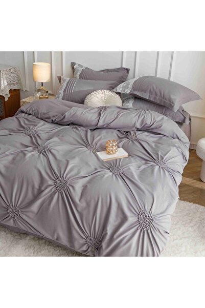 Patul Lenjerie de pat LUX - Inimi Brodate, Bumbac Finet, Pat dublu, 6 Piese