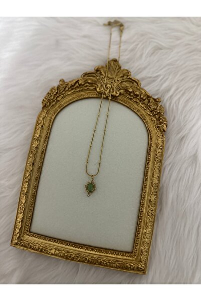 stainles steel Vintage Yeşil Taşlı Çelik Ayna Model Kolye