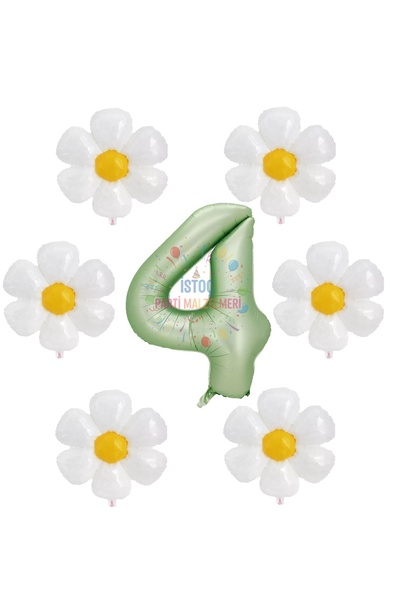 İSTOÇ PARTİ Water Green Color Number and 6 Daisy Foil Balloon Party Set Age 4