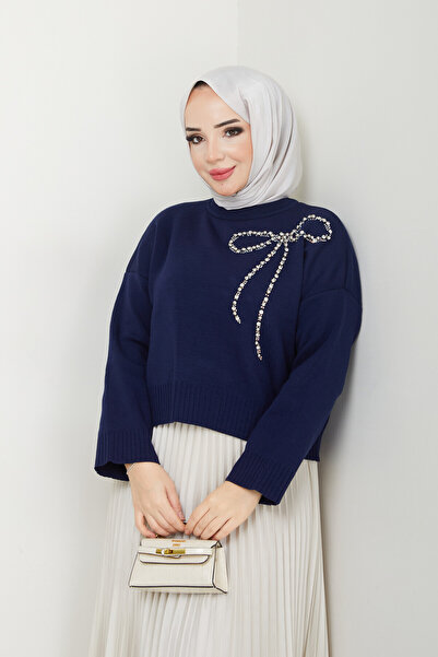 Blue Morpho Bow Detailed Knitwear Stone Embellished Skirt Top Crop Sweater