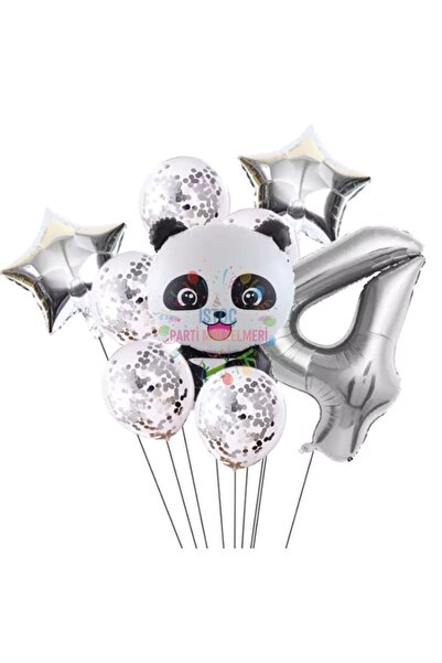 İSTOÇ PARTİ Panda Themed Silver Color Birthday Set Age 4