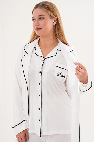 Mecit Pijama Women's Long Sleeve Button down Pajama Set with Robe, 3-Piece, 65% Cotton, 35% Viscose