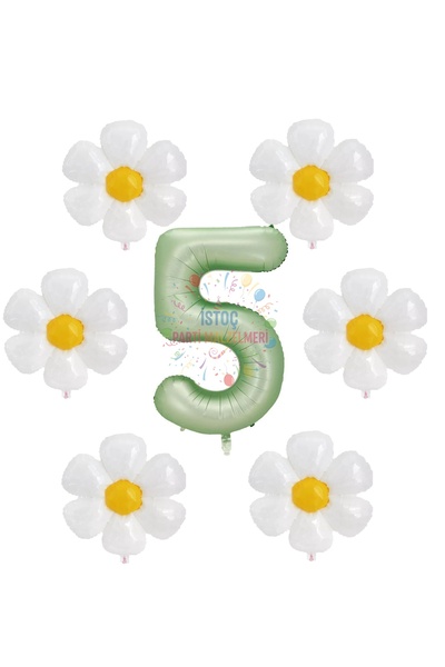 İSTOÇ PARTİ Water Green Color Number and 6 Daisy Foil Balloon Party Set Age 5