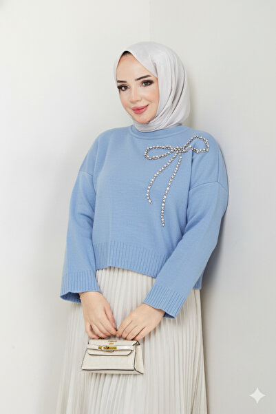 Blue Morpho Bow Detailed Knitwear Stone Embellished Skirt Top Crop Sweater