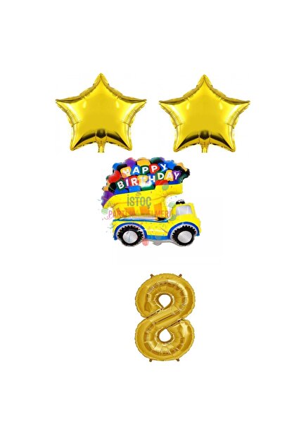 İSTOÇ PARTİ Gold Star Happy Birthday Written Number Foil Car Balloon Set Age 8