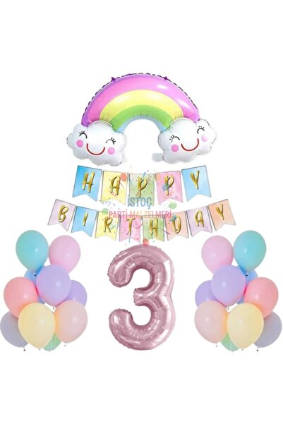Generic Brand Smiling Rainbow Pink Number Foil Balloon Set Age 3