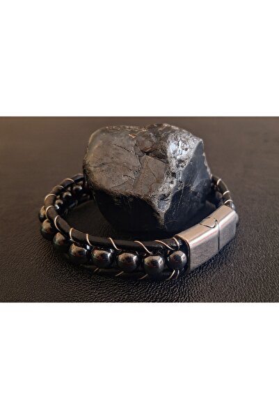voyageaccessory Stylish and Elegant Design Black Leather Hematite Stone Magnetic Men's Bracelet