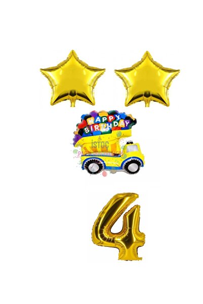 İSTOÇ PARTİ Gold Star Happy Birthday Written Number Foil Car Balloon Set Age 4