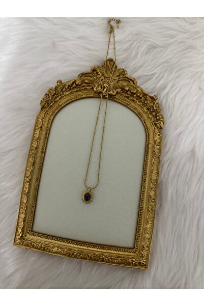 stainles steel Vintage Mürdüm Taşlı Çelik Ayna Model Kolye