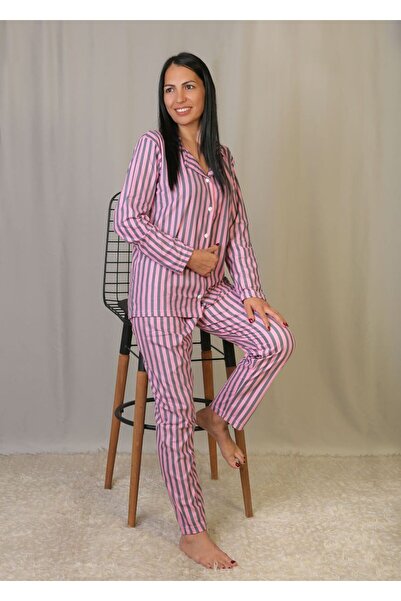 emsal özgür tekstil The Gokem Collar Pajama Set in Pink and Gray Stripes Comb...