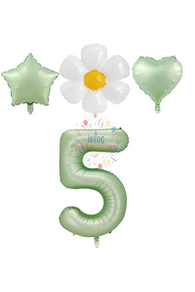 İSTOÇ PARTİ Water Green Color Number Star Heart and Daisy Foil Balloon Set Age 5