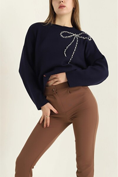 Blue Morpho Beaded Bow Detail Knitwear Stone Embellished Skirt Top Crop Sweater